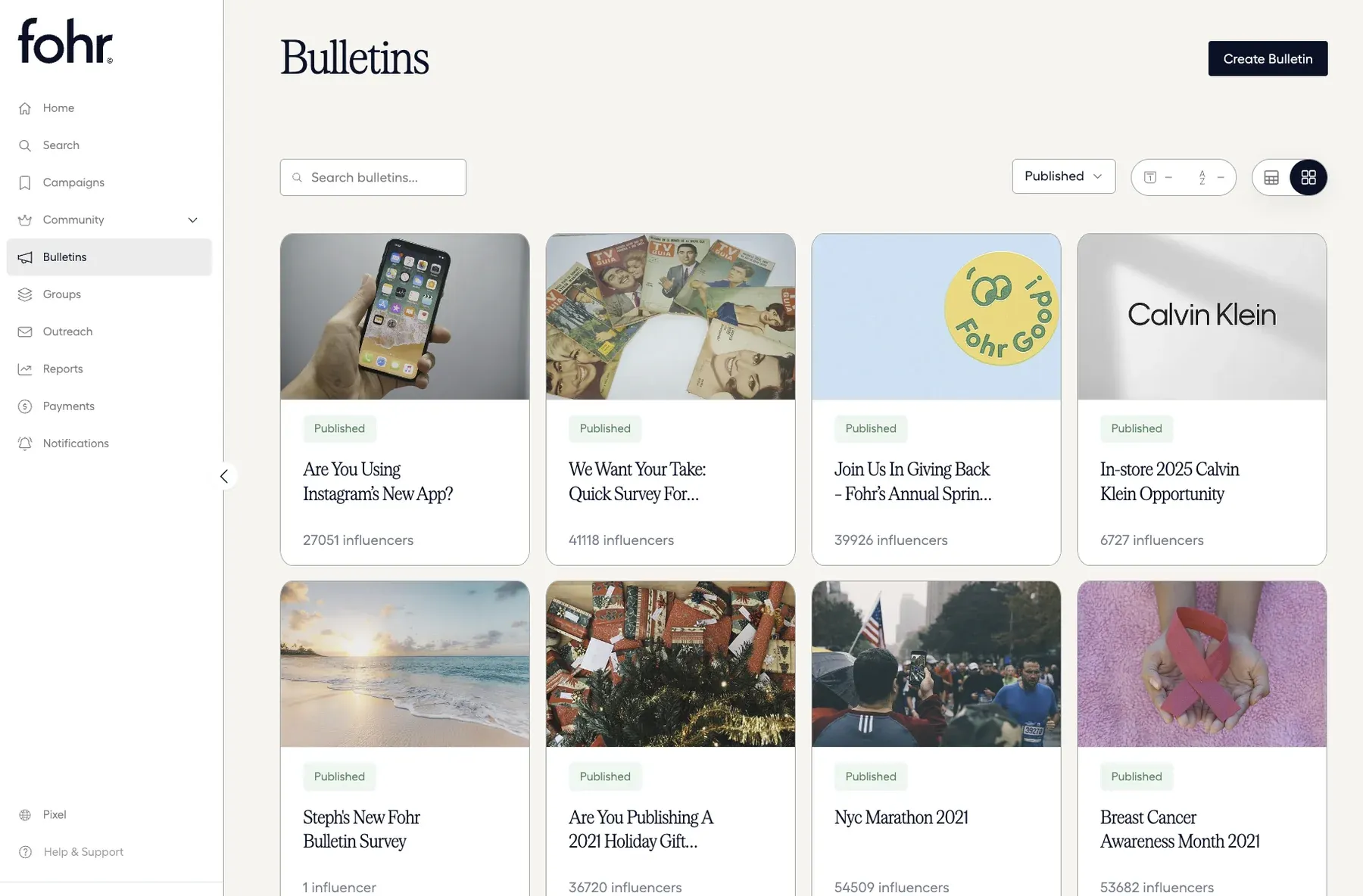 The Bulletins board on Fohr, a grid of open briefs each showing how many creators have raised their hand