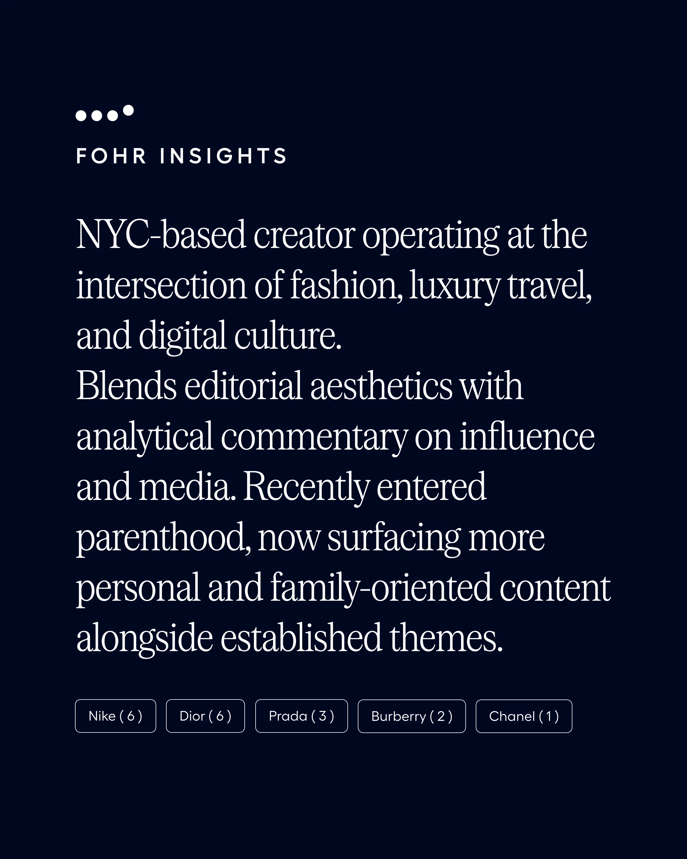 Fohr Insights panel summarizing the creator's fit, with her most-mentioned brands